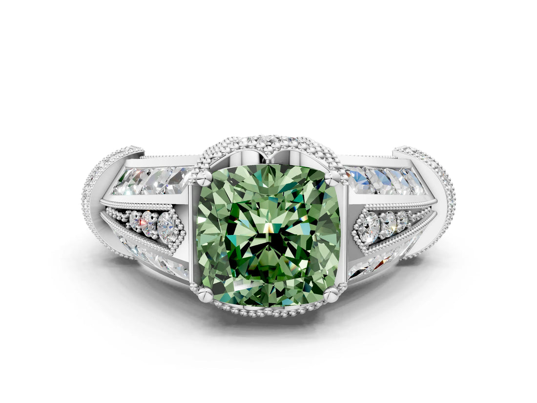 Platinum Vintage Milgrain Fancy Green Cushion Cut Diamond Split Shank Ring with Prong Setting_6