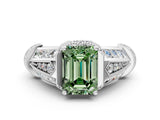 Platinum Vintage Milgrain Fancy Green Emerald Cut Diamond Split Shank Ring with Prong Setting_6