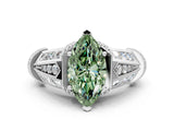Platinum Vintage Milgrain Fancy Green Marquise Cut Diamond Split Shank Ring with Prong Setting