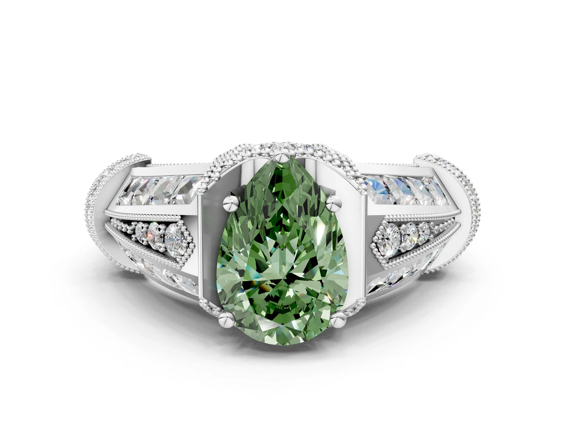 Platinum Vintage Milgrain Fancy Green Pear Cut Diamond Split Shank Ring with Prong Setting_6