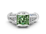 Platinum Vintage Milgrain Fancy Green Princess Cut Diamond Split Shank Ring with Prong Setting