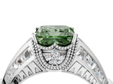 Platinum Vintage Milgrain Fancy Green Princess Cut Diamond Split Shank Ring with Prong Setting_4