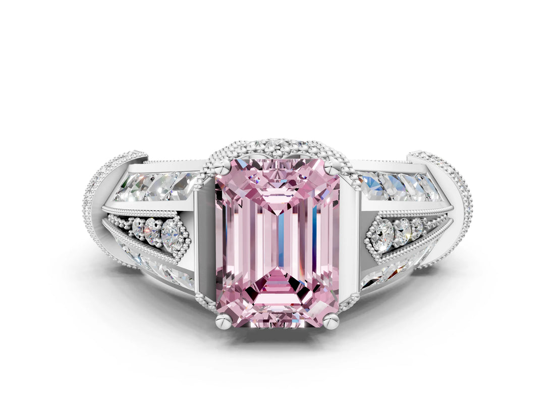 Platinum Vintage Milgrain Fancy Pink Emerald Cut Diamond Split Shank Ring with Prong Setting_6