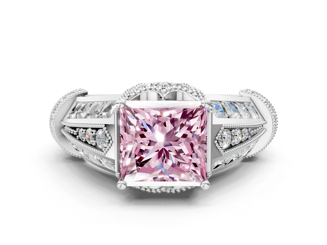 Platinum Vintage Milgrain Fancy Pink Princess Cut Diamond Split Shank Ring with Prong Setting