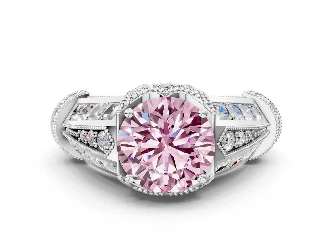 Platinum Vintage Milgrain Fancy Pink Round Cut Diamond Split Shank Ring with Prong Setting
