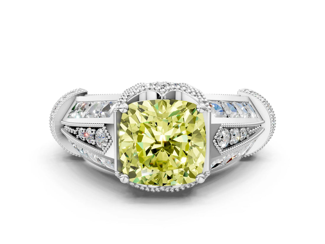 Platinum Vintage Milgrain Fancy Yellow Cushion Cut Diamond Split Shank Ring with Prong Setting