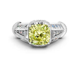 Platinum Vintage Milgrain Fancy Yellow Cushion Cut Diamond Split Shank Ring with Prong Setting