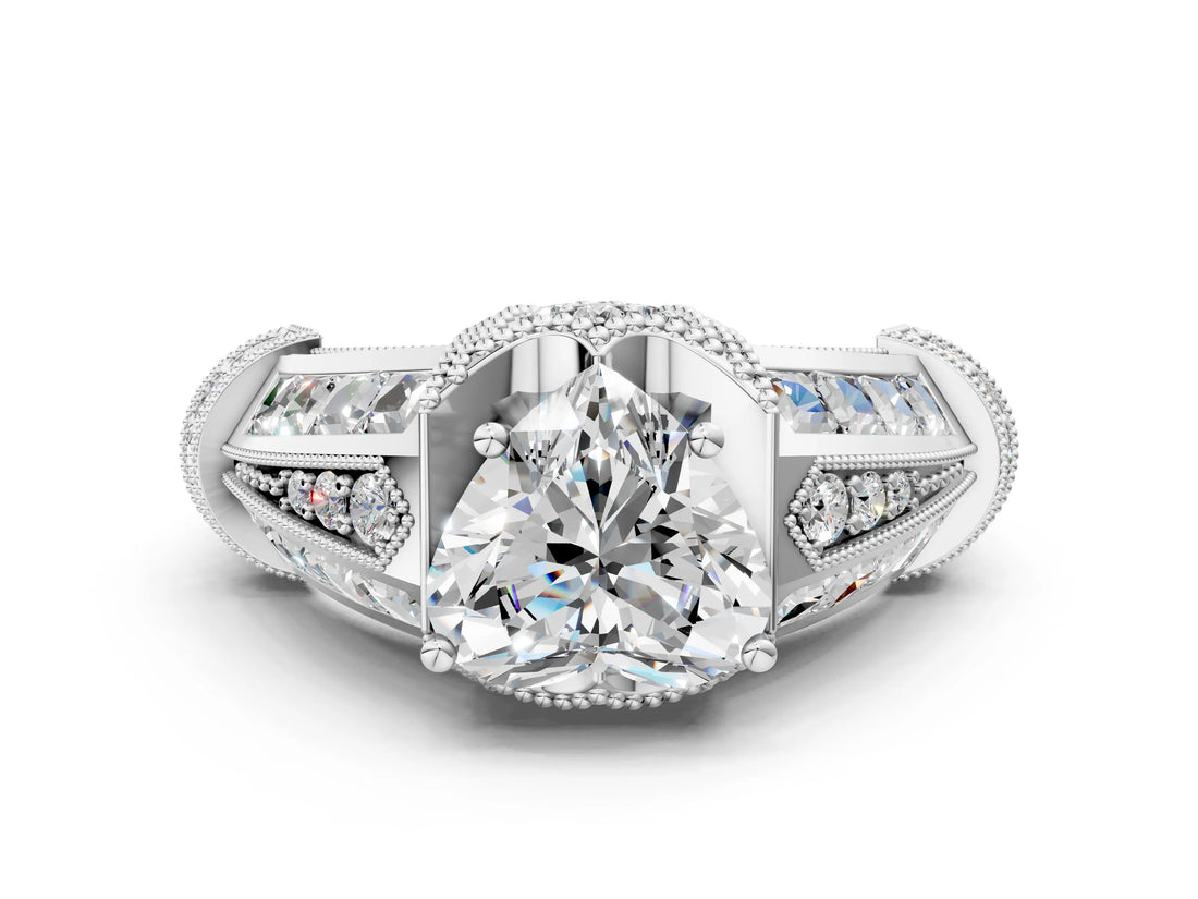 Platinum Vintage Milgrain Heart Cut Diamond Split Shank Ring with Prong Setting_13