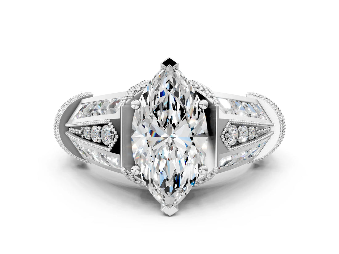 Platinum Vintage Milgrain Marquise Cut Diamond Split Shank Ring with Prong Setting_13