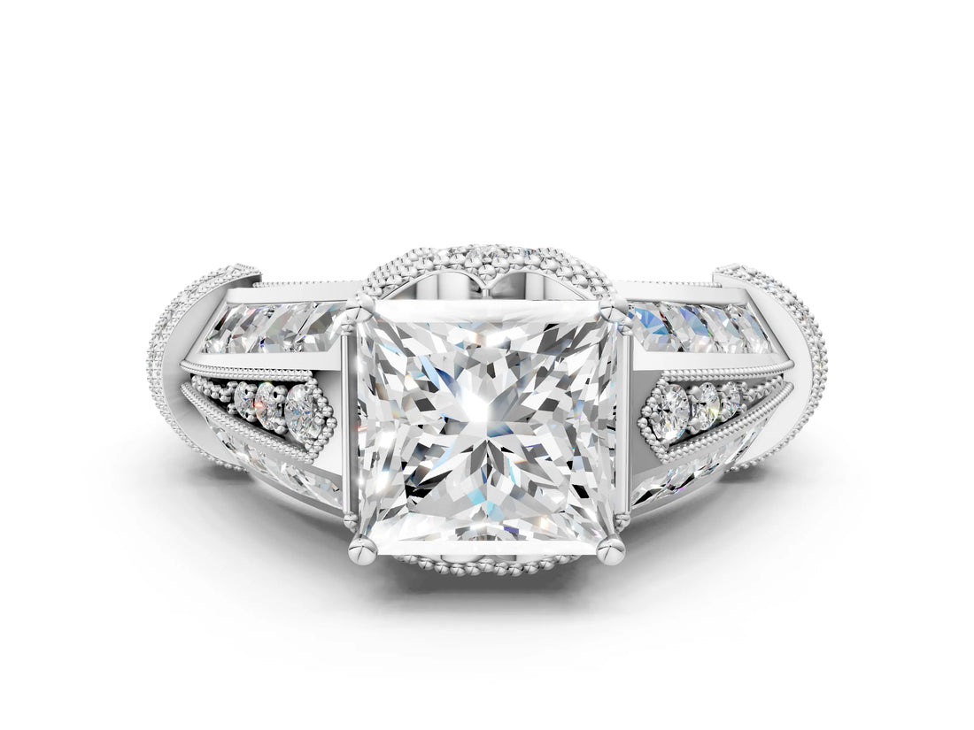 Platinum Vintage Milgrain Princess Cut Diamond Split Shank Ring with Prong Setting_13