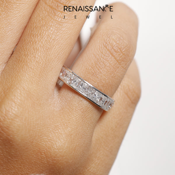 Platinum radiant cut diamond eternity band with channel set
