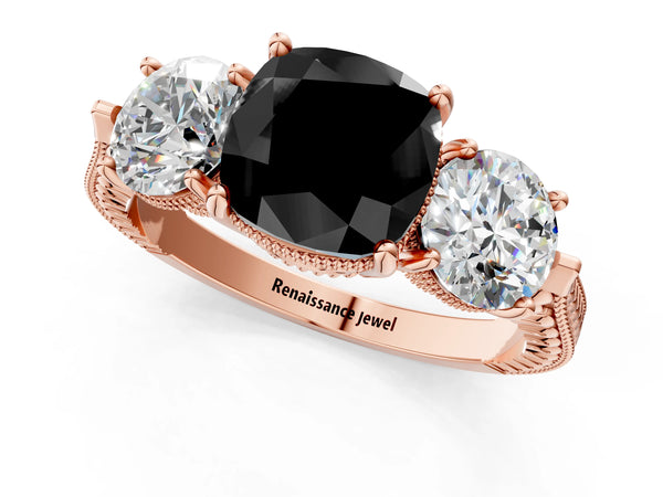 Rose Gold Cushion Cut Vintage Three Stone Engagement Ring Setting for Black Center