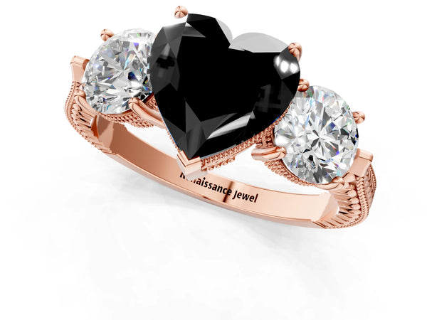 Rose Gold Heart-Shaped Vintage Three Stone Engagement Ring Setting for Black Center