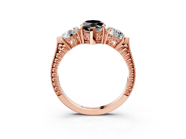 Rose Gold Marquise Vintage Three Stone Engagement Ring Setting for Black Center