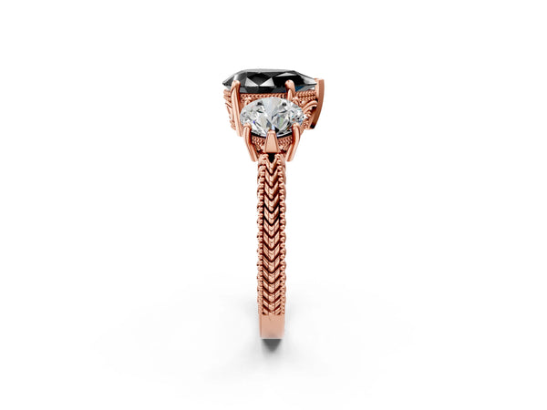 Rose Gold Pear-Shaped Vintage Three Stone Engagement Ring Setting for Black Center