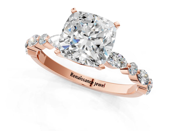 0.5 Carat Cushion Cut Rose gold Diamond Ring with Marquise and Round  Side Stones and Four-Prong Setting