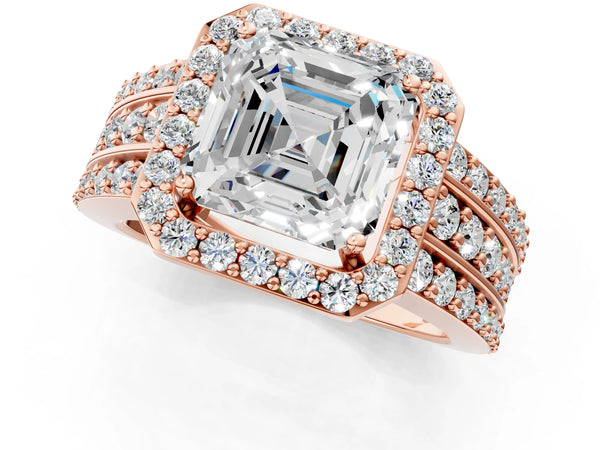 1 Carat Asscher Cut Rose gold Halo Diamond Ring with Round  Split Shank and Prong Setting