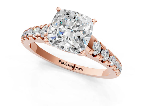 1 Carat Cushion Cut Rose gold Diamond Cathedral Solitaire Ring with Round  Pavé Band