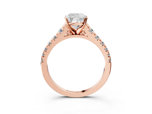 1 Carat Cushion Cut Rose gold Diamond Cathedral Solitaire Ring with Round  Pavé Band
