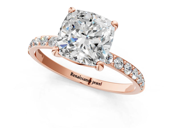 1 Carat Cushion Cut Rose gold Diamond Solitaire Ring with Round  Pavé Band and Prong Setting