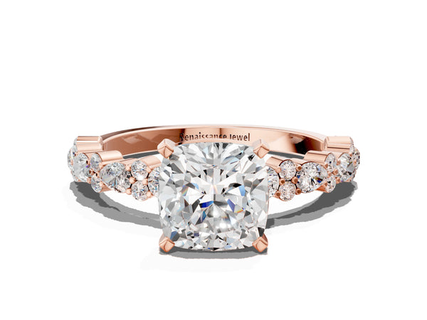 1 Carat Cushion Cut Rose gold Diamond Side Stone Solitaire Ring with Round and Four-Prong Setting