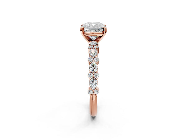 1 Carat Cushion Cut Rose gold Diamond Side Stone Solitaire Ring with Round and Four-Prong Setting