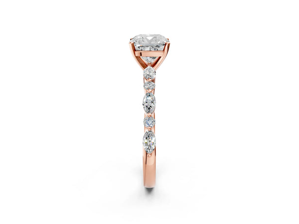1 Carat Cushion Cut Rose gold Diamond Ring with Marquise and Round Side Stones and Four-Prong Setting