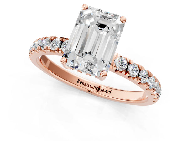 1 Carat Emerald Cut Rose gold Diamond Pave Band Solitaire Ring with Round  and Prong Setting