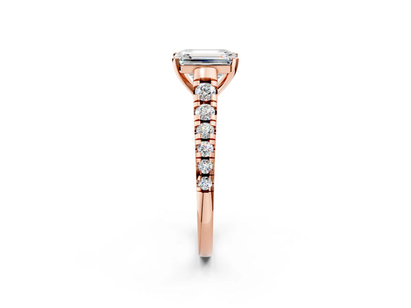 Rose gold 1 Carat Emerald Cut Diamond Cathedral Solitaire Ring with Round  Pavé Band