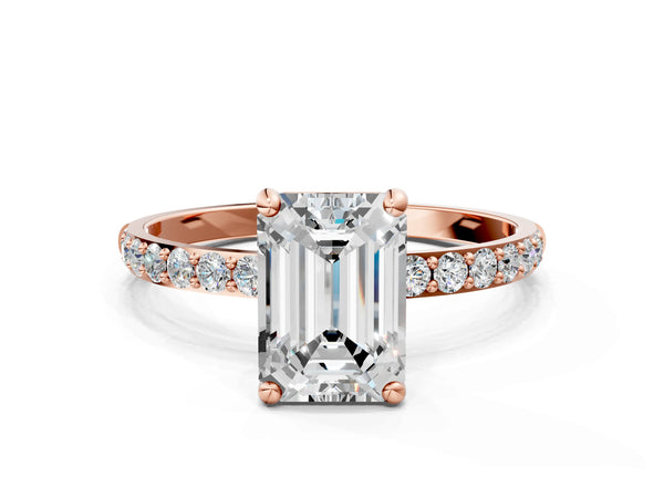 1 Carat Emerald Cut Rose gold Diamond Solitaire Ring with Round  Pavé Band and Prong Setting