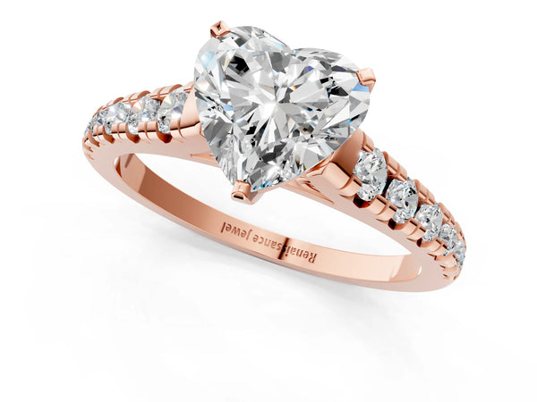 Rose gold 1 Carat Heart Cut Diamond Cathedral Solitaire Ring with Round  Pavé Band