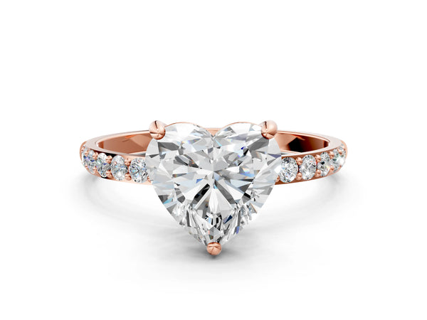 1 Carat Heart Cut Rose gold Diamond Solitaire Ring with Round  Pavé Band and Prong Setting
