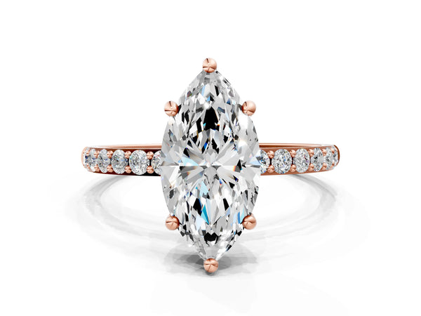 1 Carat Marquise Cut Rose gold Diamond Solitaire Ring with Round  Pavé Band and Prong Setting