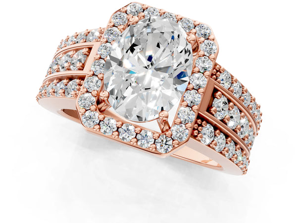 1 Carat Oval Cut Rose gold Halo Diamond Ring with Round  Split Shank and Prong Setting