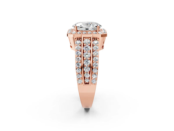 1 Carat Oval Cut Rose gold Halo Diamond Ring with Round  Split Shank and Prong Setting
