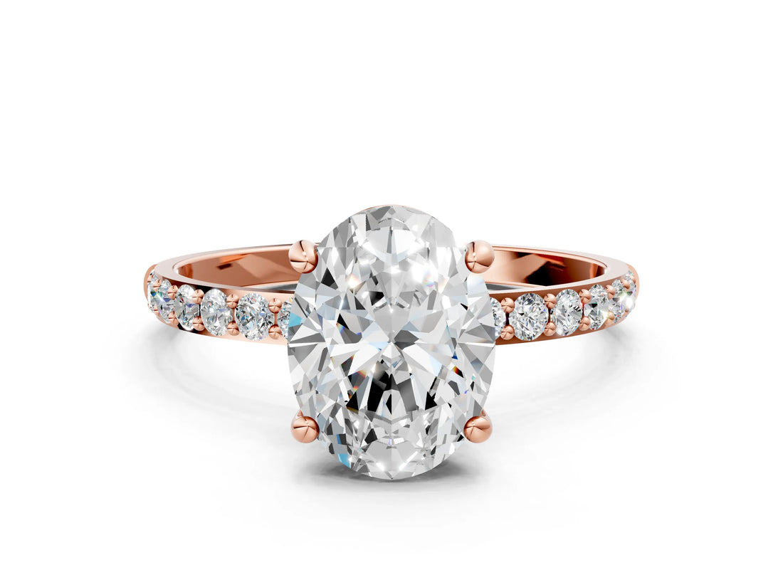 10K Rose Gold 2.01 Carat D VS1 Oval Diamond Solitaire Ring with Round Pavé Band and Prong Setting
