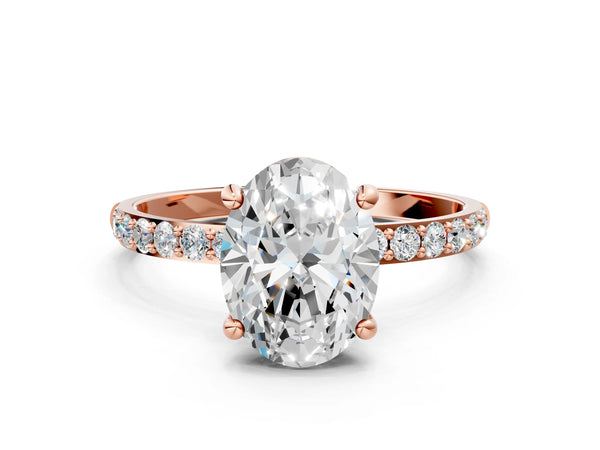 10K Rose Gold 2.01 Carat D VS1 Oval Diamond Solitaire Ring with Round Pavé Band and Prong Setting