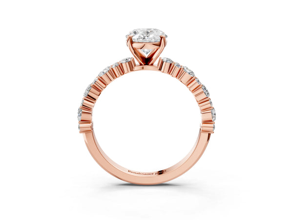 1 Carat Oval Cut Rose gold Diamond Side Stone Solitaire Ring with Round and Four-Prong Setting