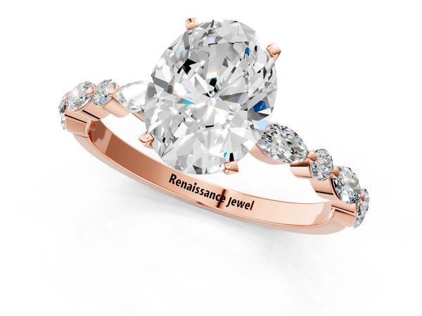 1 Carat Oval Cut Rose gold Diamond Ring with Marquise and Round Side Stones and Four-Prong Setting
