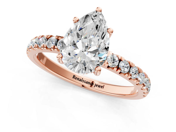 1 Carat Pear Cut Rose gold Diamond Pave Band Solitaire Ring with Round  and Prong Setting