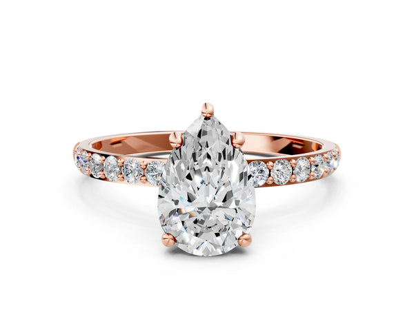 1 Carat Pear Cut Rose gold Diamond Solitaire Ring with Round  Pavé Band and Prong Setting