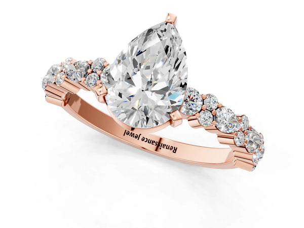 1 Carat Pear Cut Rose gold Diamond Side Stone Solitaire Ring with Round and Four-Prong Setting
