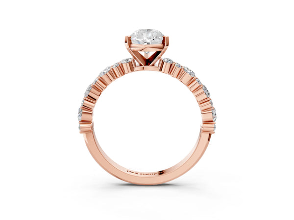 1 Carat Pear Cut Rose gold Diamond Side Stone Solitaire Ring with Round and Four-Prong Setting