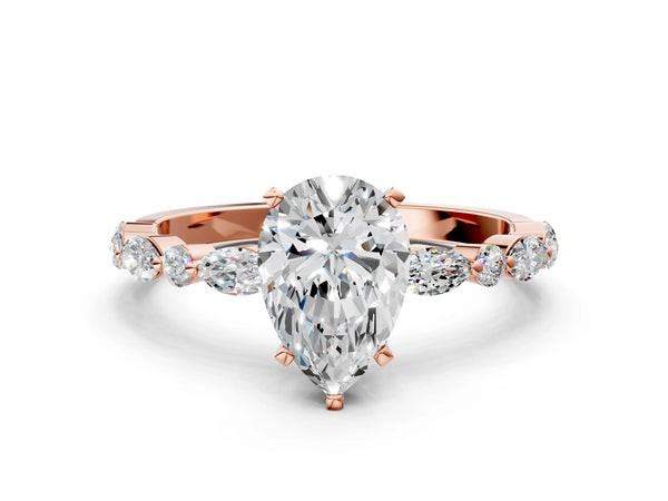 1 Carat Pear Cut Rose gold Diamond Ring with Marquise and Round Side Stones and Four-Prong Setting