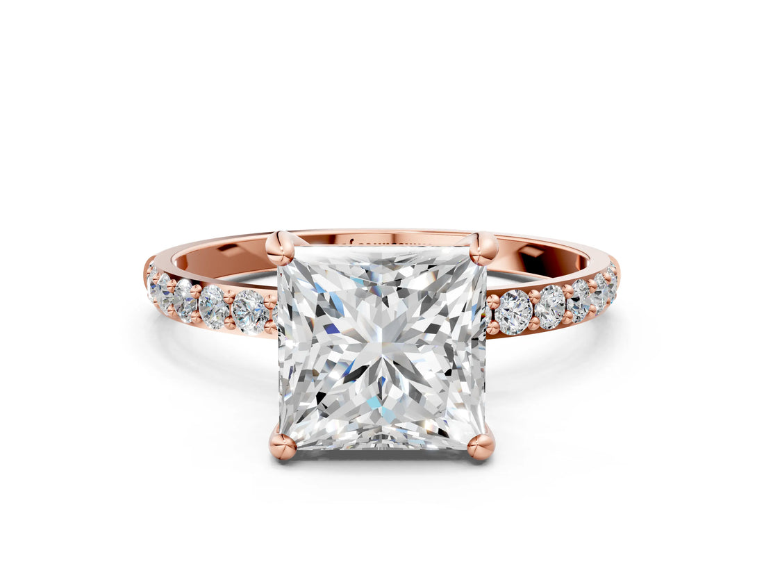 Rose gold 1 Carat Princess Cut  Solitaire Ring with Pave Band and Four Prong Setting_12