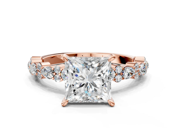 1 Carat Princess Cut Rose gold Diamond Side Stone Solitaire Ring with Round and Four-Prong Setting