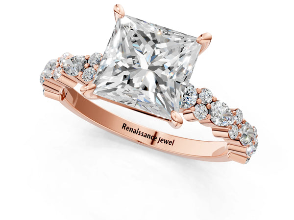 1 Carat Princess Cut Rose gold Diamond Side Stone Solitaire Ring with Round and Four-Prong Setting