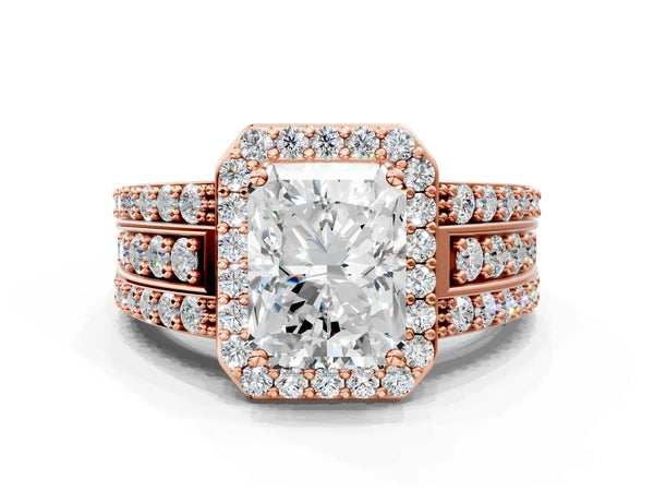 Rose gold 1 Carat Radiant Cut Halo Diamond Ring with Round  Split Shank and Prong Setting