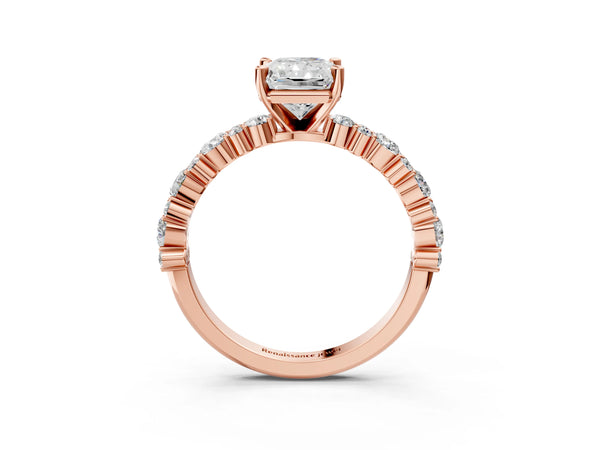 1 Carat Radiant Cut Rose gold Diamond Side Stone Solitaire Ring with Round and Four-Prong Setting