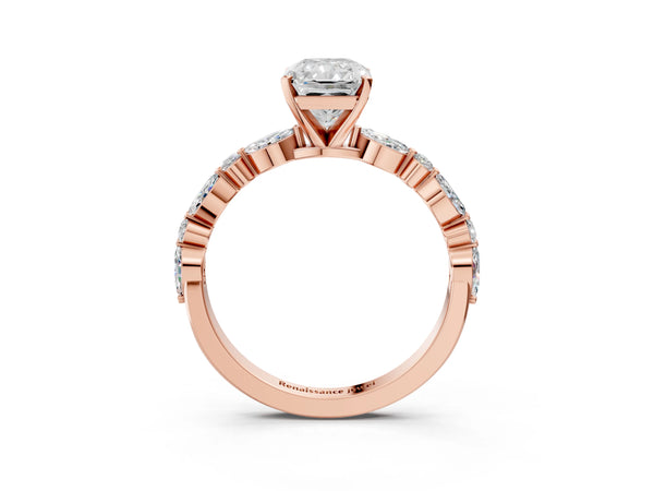 1 Carat Radiant Cut Rose gold Diamond Ring with Marquise and Round Side Stones and Four-Prong Setting